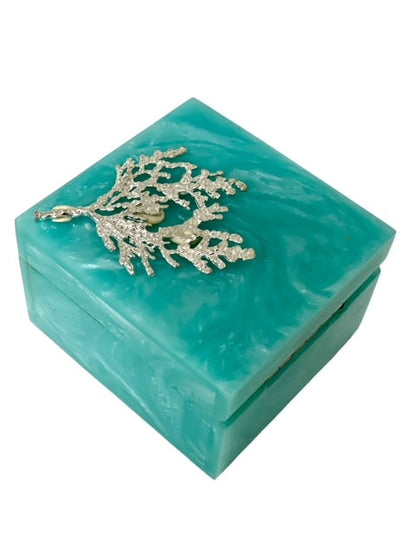 98J - Resin Coral Box Marbled Aqua Sml 7X7X5Cm