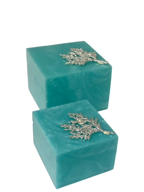 98J - Resin Coral Box Marbled Aqua Sml 7X7X5Cm