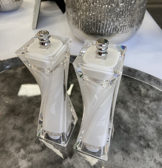 2728Wht - Wht & Transp Salt/Pepper Mill Set 16Cm