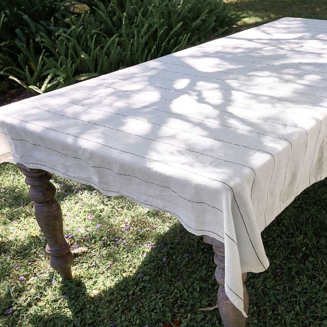 Carter Linen Tablecloth - Off White W' Charcoal Stripe