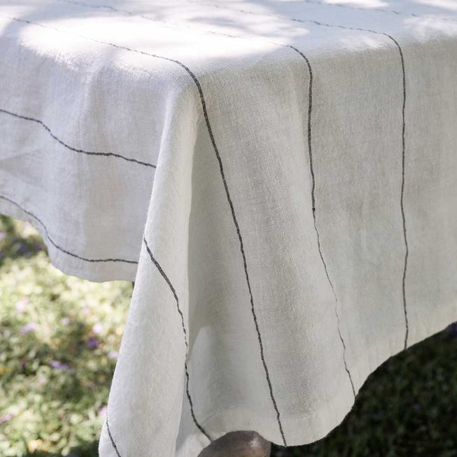 Carter Linen Tablecloth - Off White W' Charcoal Stripe