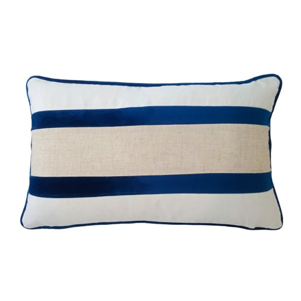 Highfields Dark Blue and Jute Double Strip Velvet Cushion Cover 30 cm by 50 cm