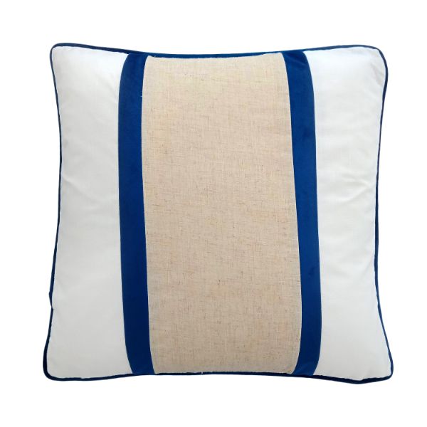Highfields Dark Blue and Jute Double Strip Velvet Cushion Cover 50 cm by 50 cm
