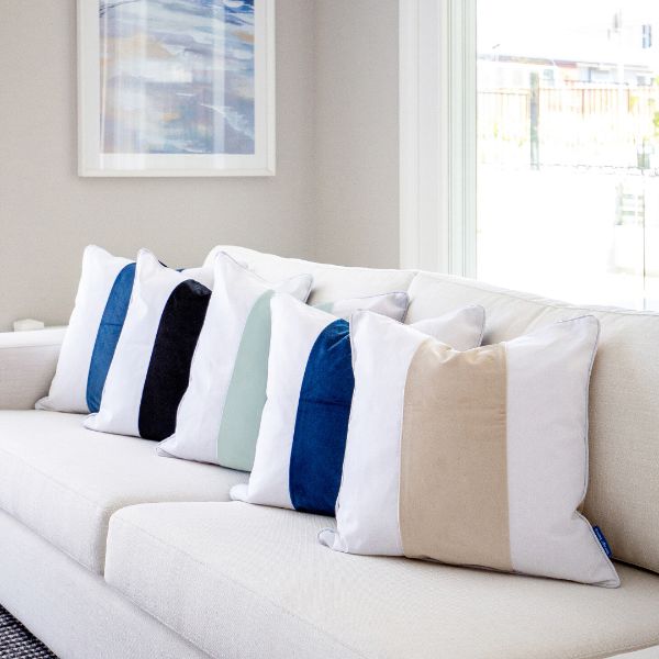 Dudley Dark Blue and White Panel Velvet 
Cushion Cover 50 cm by 50 cm