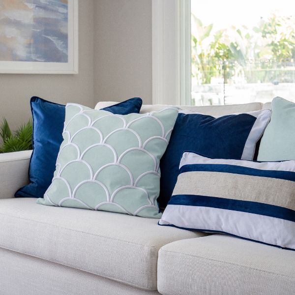 Highfields Dark Blue and Jute Double Strip Velvet Cushion Cover 30 cm by 50 cm