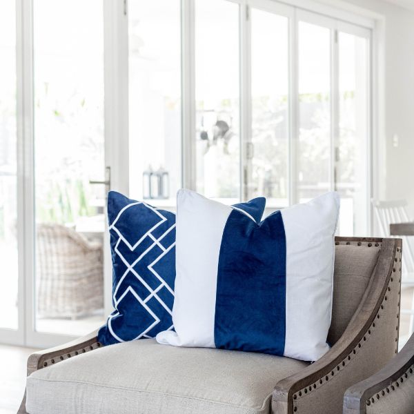 Dudley Dark Blue and White Panel Velvet 
Cushion Cover 50 cm by 50 cm