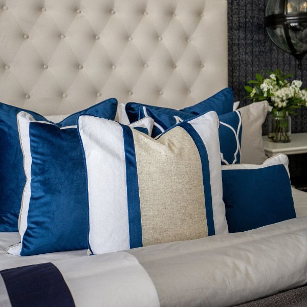 Highfields Dark Blue and Jute Double Strip Velvet Cushion Cover 50 cm by 50 cm
