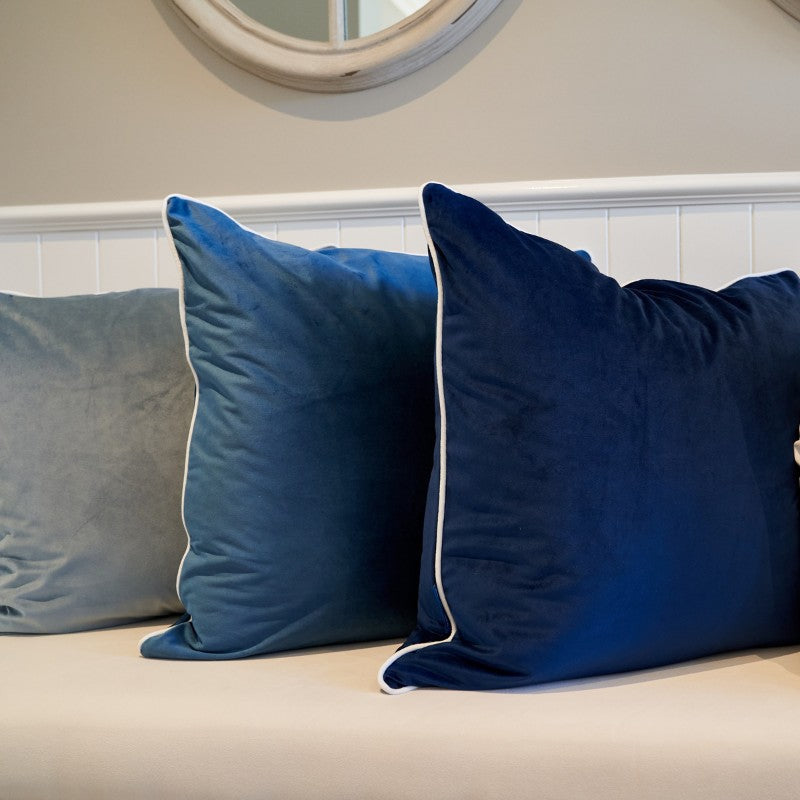 Myuna Indigo Blue Premium Velvet White 
Piping Cushion Cover 60 cm by 60 cm