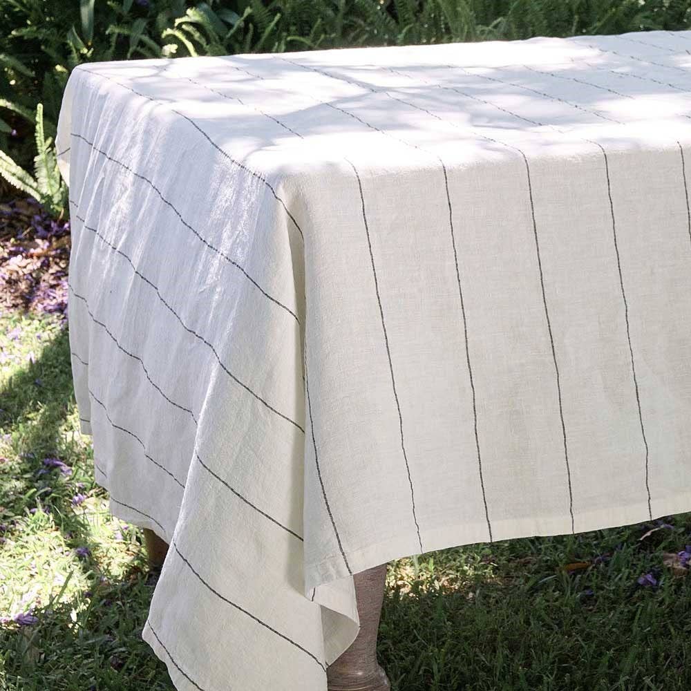 Carter Linen Tablecloth - Off White W' Charcoal Stripe 