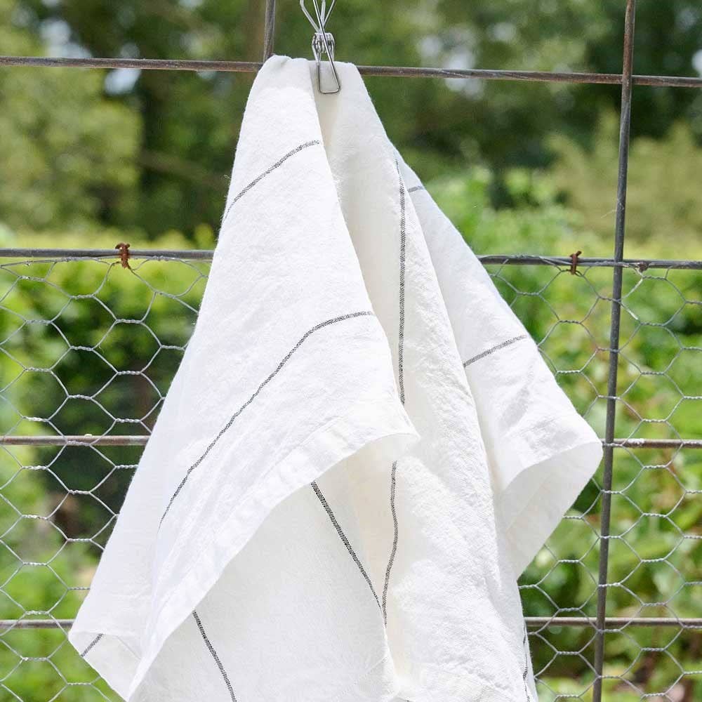 Carter Linen Tea Towel Set - Off White W' Charcoal Stripe 
