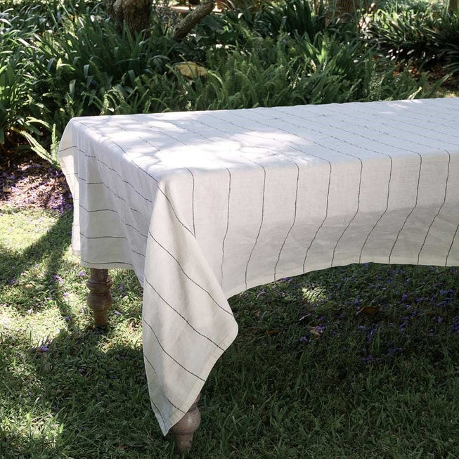 Carter Linen Tablecloth - Off White W' Charcoal Stripe