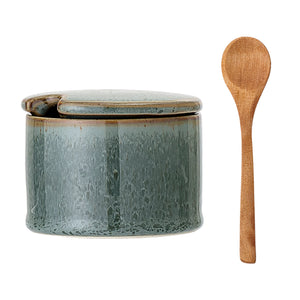 Pixie Jar w/Lid & Spoon, Green, Stoneware